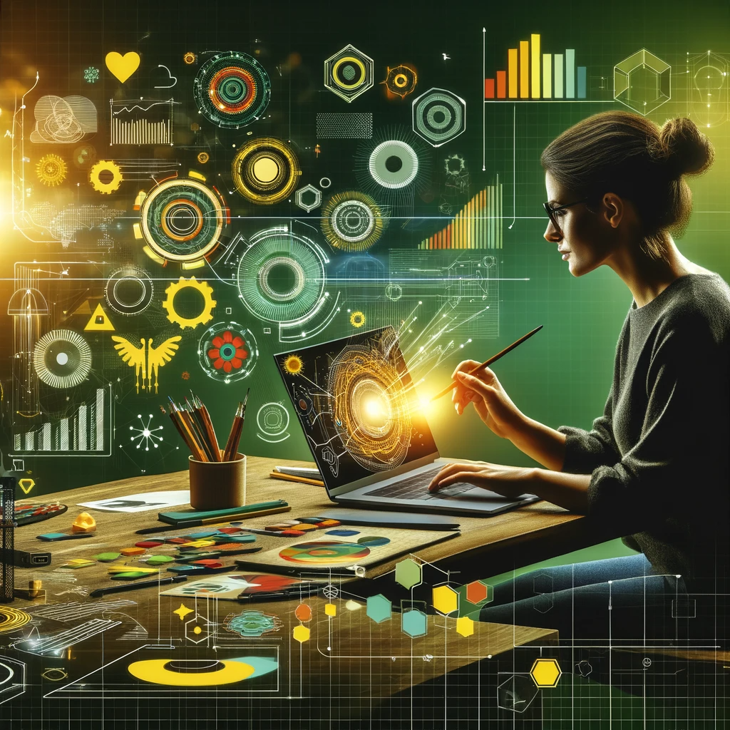 Eine Frau in einer kreativen und dynamischen Arbeitsumgebung die KI gestützte Tools zur Contenterstellung auf einem Laptop verwendet Die Szene soll