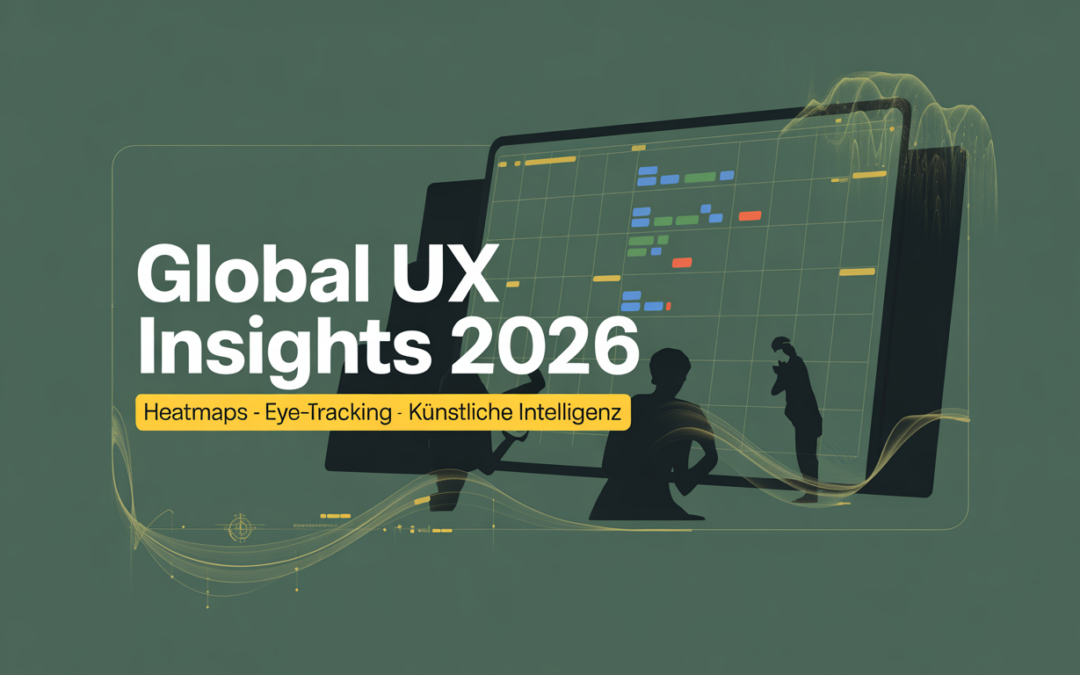 Professionelles Banner in Dunkelgrün und Gelb mit der Aufschrift „Global UX Insights 2025 – Heatmaps · Eye-Tracking · Künstliche Intelligenz“. Darstellung des Themas Nutzerverhalten, Datenanalyse und KI im Marketing.